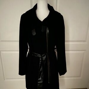 Jessie G Black Wool Coat with Faux Leather Belt & Trim | Women’s Size Large